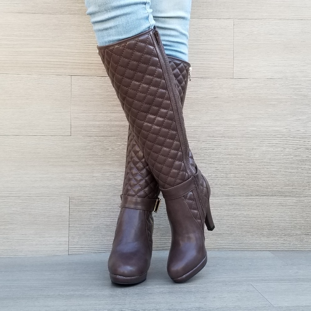 Knee High Heel Boots Brown Vegan Leather and fur - Picture 7 of 8